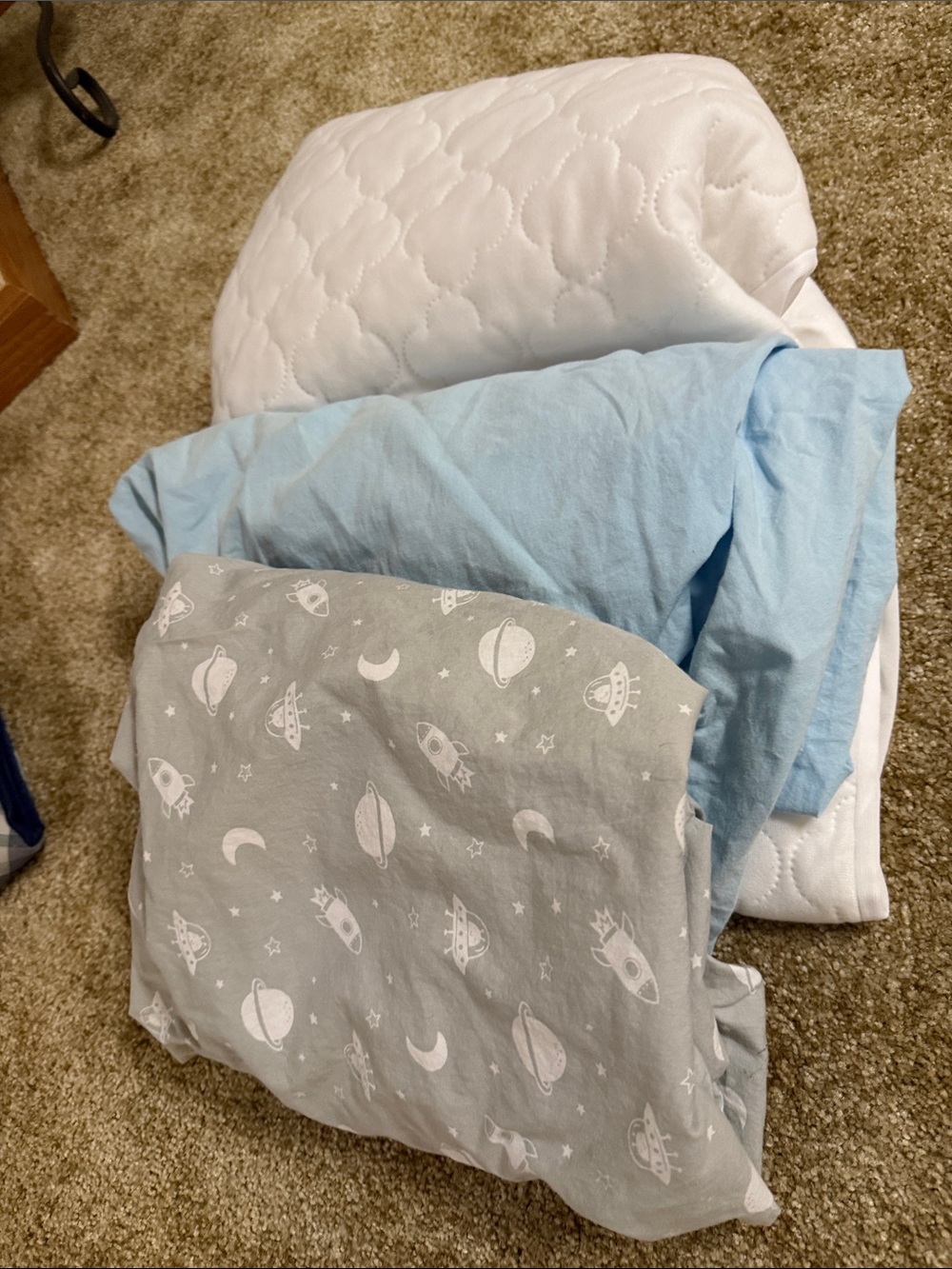 Gray Space-Print and Light Blue Bedding and mattress protector